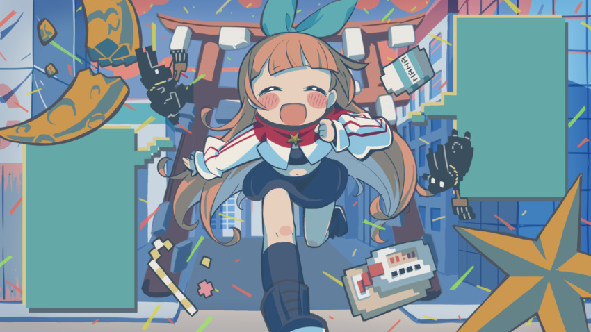 1girl, :d, animal, blush, bow_hairband, broken_moon, brown_hair, city