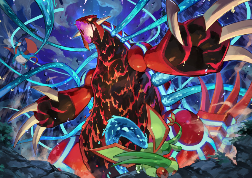 claws, clouds, commentary, fang, flygon, flying, from_below, glowing