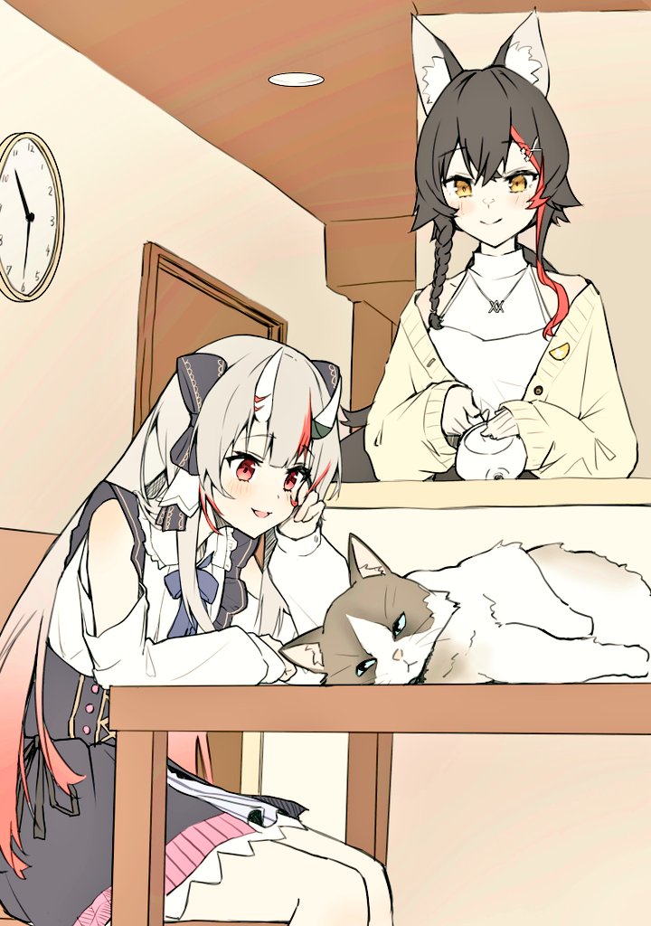 2girls, analog_clock, animal_ears, bangs, beige_cardigan, black_bow, black_hair, black_skirt