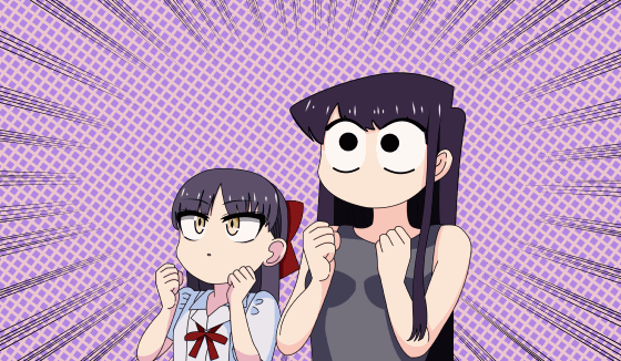 2girls, animated, animated_gif, arms_up, black_eyes, dotted_background, hand_up, komi-san_wa_komyushou_desu