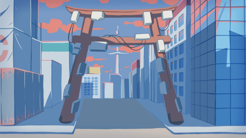 building, city, cityscape, clouds, construction_site, fence, maako_(yuuyake.), official_art, pavement, power_lines, red_clouds, road, scaffolding, street, tarpaulin, torii, tower, wooden_fence