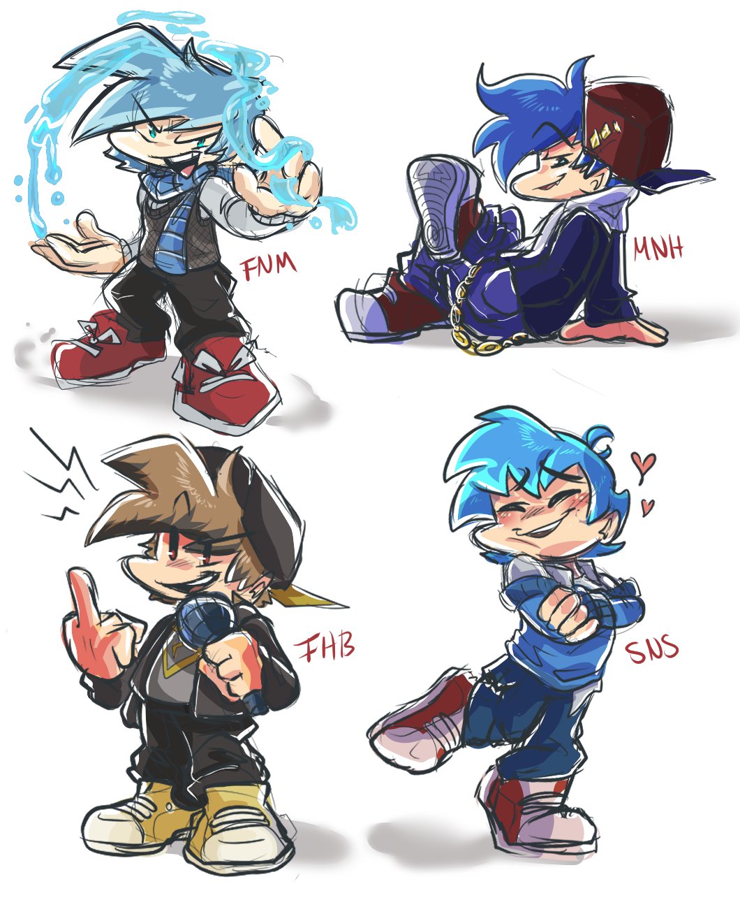 4boys, alternate_universe, big_brotherfnf, blue_eyes, blue_hair, blush, boyfriend_(friday_night_funkin'), brown_eyes