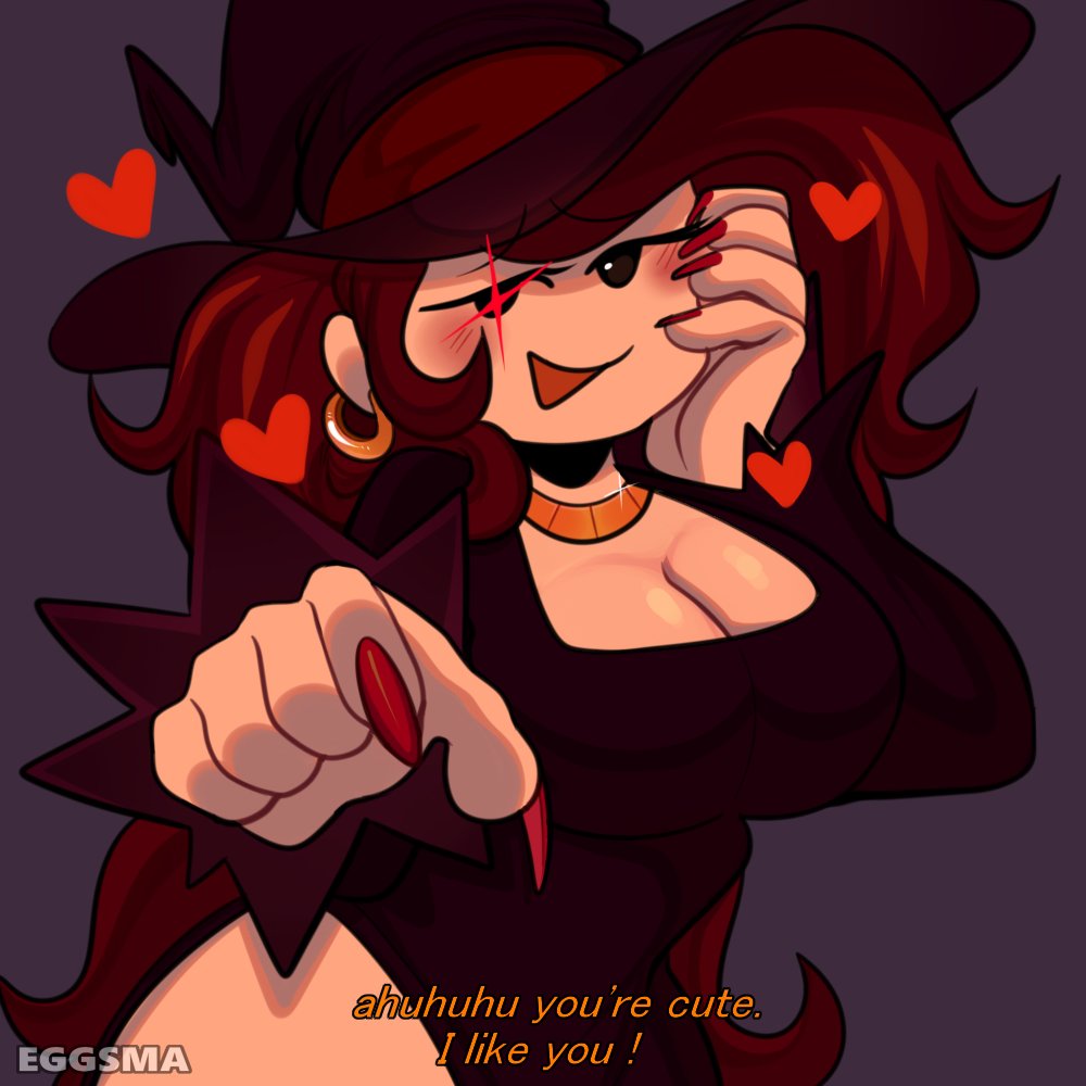 1girl, alternate_costume, cute, dress, eggsma, friday_night_funkin', girlfriend_(friday_night_funkin'), halloween, halloween_costume, haxeflixel, heart, newgrounds, pointing, pointing_at_viewer, purple_background, red_nails, simple_background, smile, solo, witch_hat