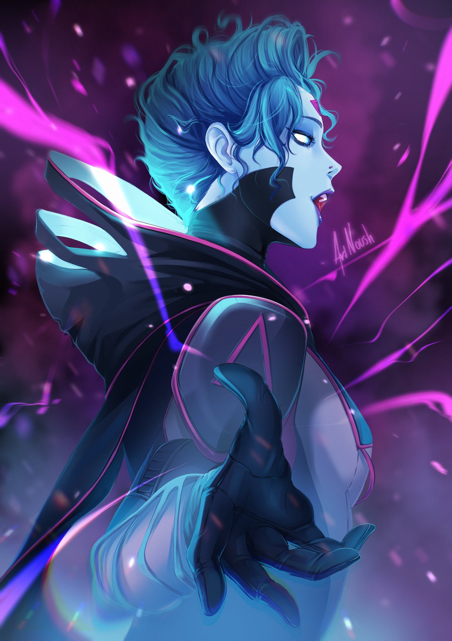 1girl, apex_legends, artist_name, black_capelet, black_gloves, blue_hair, blue_sclera, blue_skin