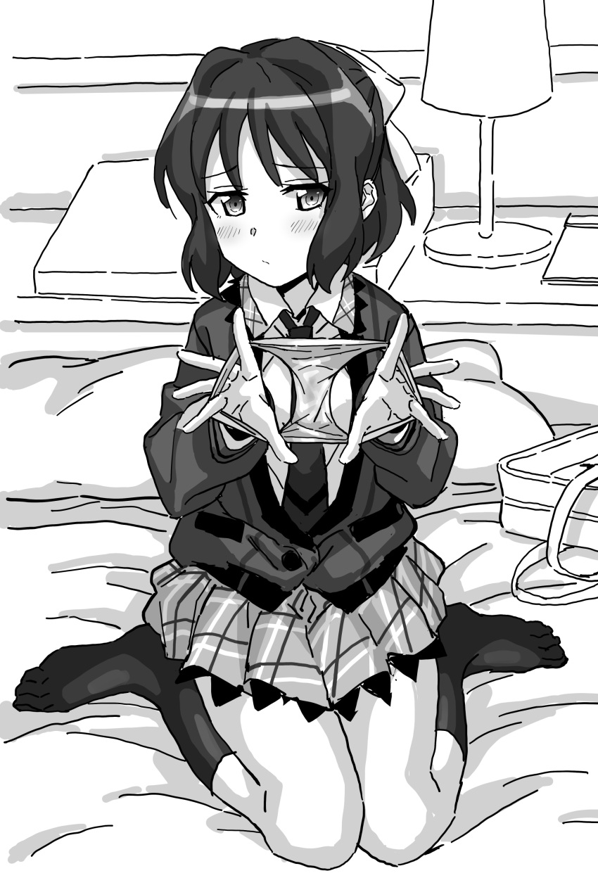 1girl, absurdres, bed, blush, closed_mouth, eyebrows_visible_through_hair, greyscale, hair_ornament, hair_ribbon, highres, inai_uchi, indoors, kohinata_miku, looking_at_viewer, monochrome, on_bed, panties, panties_removed, ribbon, school_uniform, senki_zesshou_symphogear, shiny, shiny_hair, short_hair, sitting, sketch, skirt, socks, solo, underwear