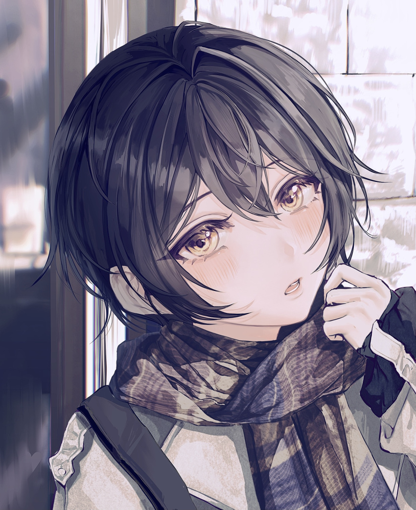 1girl, black_hair, blush, brown_eyes, brown_scarf, commentary, d4dj, giraffe_three