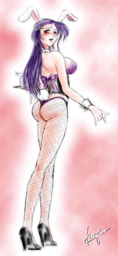 animal_ears, ass, rabbit_ears, corset, fishnets, from_behind, high_heels, long_hair, purple_hair, red_eyes, sideboob, solail_(faya), tail