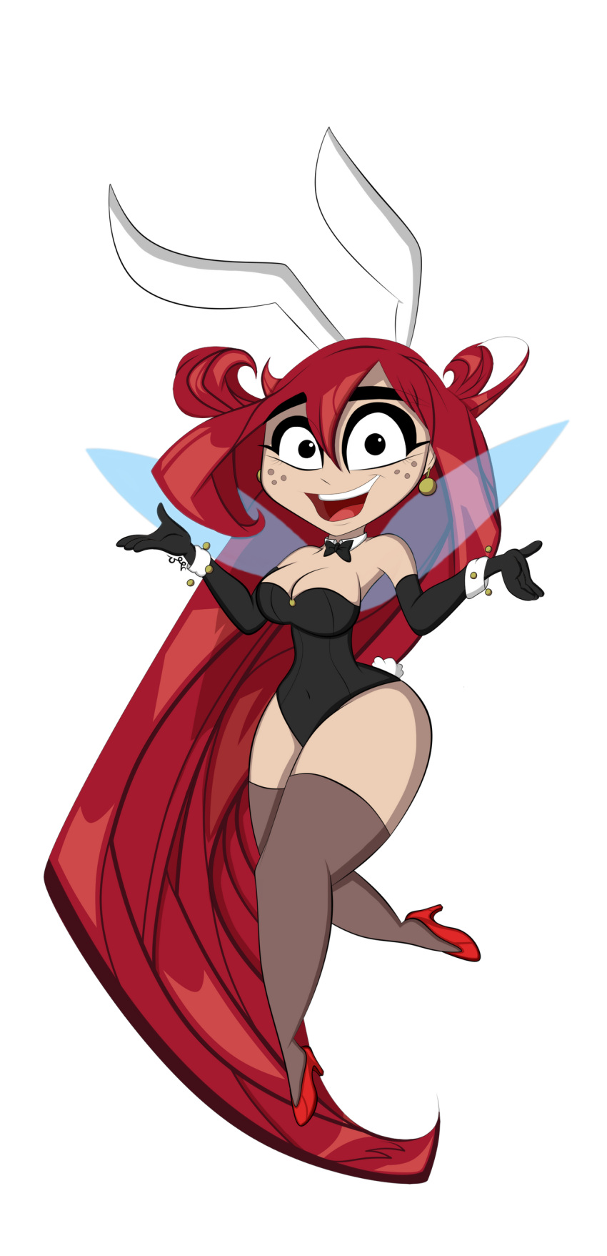 1girl, :d, absurdres, alternate_costume, animal_ears, betilla_(rayman), breasts, covered_navel, elbow_gloves, fairy, fairy_wings, freckles, gloves, highres, jetyower6p, leotard, long_hair, looking_at_viewer, pantyhose, playboy_bunny, rabbit_ears, rayman, red_footwear, redhead, smile, solo, transparent_background, wings
