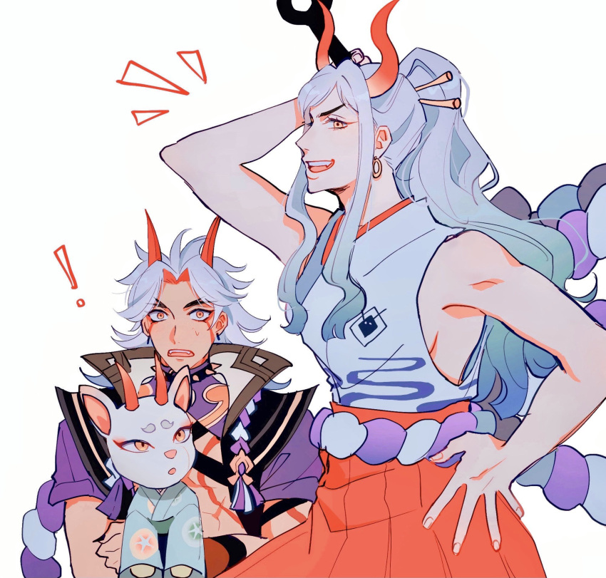 !, 1boy, 2girls, animal_crossing, arataki_itto, bare_arms, bare_shoulders, carrying, club_(weapon), crossover, curled_horns, facial_mark, furry, furry_female, genshin_impact, hair_ornament, hair_stick, hakama, height_difference, highres, horns, japanese_clothes, kanabou, kimono, long_sleeves, looking_at_another, multicolored_horns, multiple_crossover, multiple_girls, one_piece, oni, oratoza, red_horns, rope, shimenawa, shino_(animal_crossing), short_sleeves, simple_background, sleeveless, sleeveless_kimono, trait_connection, weapon, white_background, yamato_(one_piece)