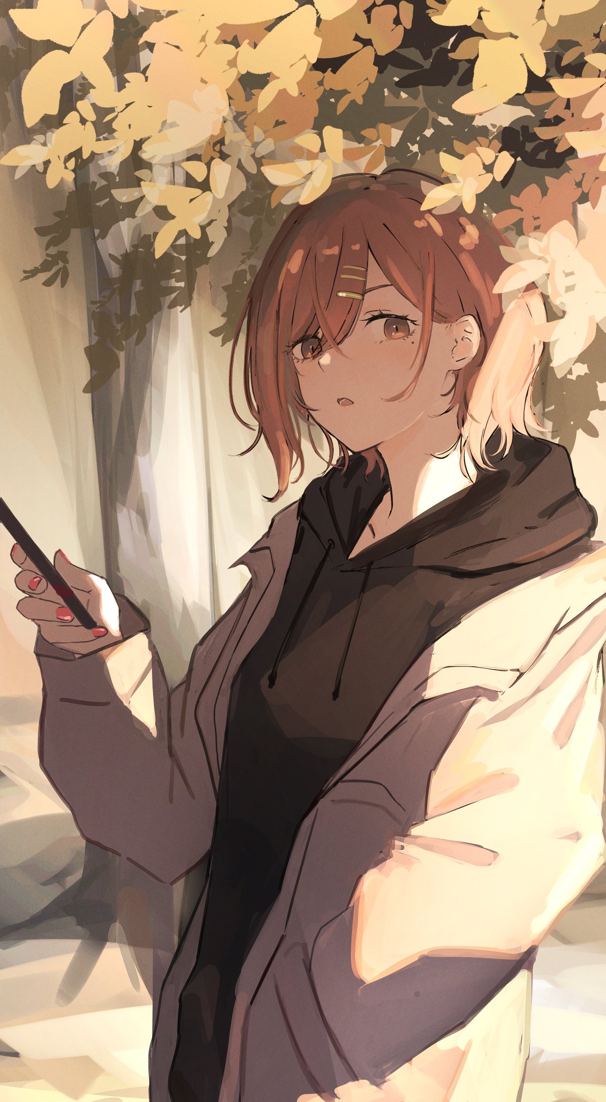 1girl, black_hoodie, hair_ornament, hairclip, hand_in_pocket, highres, holding, holding_phone
