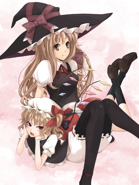 blonde_hair, bloomers, flandre_scarlet, hat, kirisame_marisa, lap, long_hair, pantyhose, socks, tawara_hiryuu, touhou, wings, witch_hat