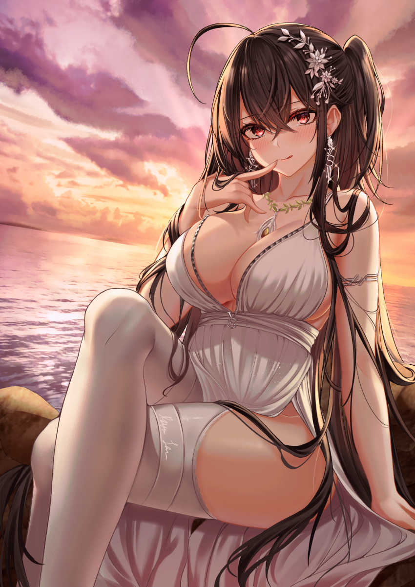 1girl, absurdres, azur_lane, backless_dress, backless_outfit, black_hair, bratja, breasts, center_opening, cocktail_dress, crossed_legs, dress, earrings, evening_gown, eyebrows_visible_through_hair, finger_to_mouth, hair_between_eyes, hair_strand, highres, huge_breasts, jewelry, long_hair, official_alternate_costume, outdoors, plunging_neckline, red_eyes, ring, satin_dress, sleeveless, sleeveless_dress, solo, sunset, taihou_(azur_lane), taihou_(temptation_on_the_sea_breeze)_(azur_lane), very_long_hair, water, wedding_dress, wedding_ring, white_dress, white_legwear