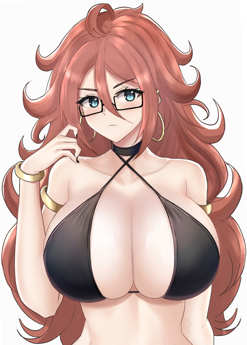 1girl, absurdres, android, android_21, bikini, blue_eyes, breast_focus, breasts