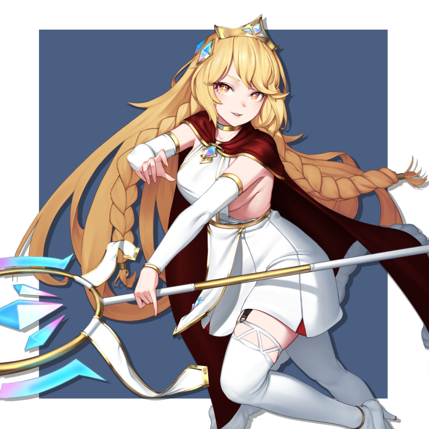 1girl, bangs, beeeeen, blonde_hair, braid, breasts, cape, choker, crown, detached_sleeves, dress, elpin_(trickcal), gold_choker, high_heels, highres, long_hair, open_mouth, red_eyes, short_dress, sideboob, smile, solo, staff, thigh-highs, trickcal, twin_braids, very_long_hair, white_dress, white_legwear