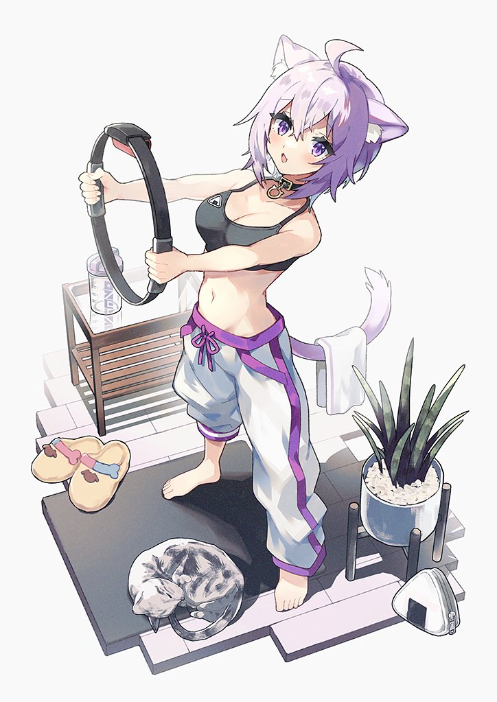 1girl, ahoge, animal_ears, bag, barefoot, black_sports_bra, cat, cat_ears, cat_girl, choker, collar, holding, hololive, negiyan, nekomata_okayu, pants, plant, ring_fit_adventure, slippers, sports_bra, table, tail, towel, track_pants, tumbler, vase, violet_eyes, white_pants