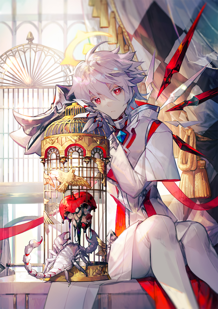 1boy, ahoge, apple, bangs, bird, cage, crescent_halo, curtains