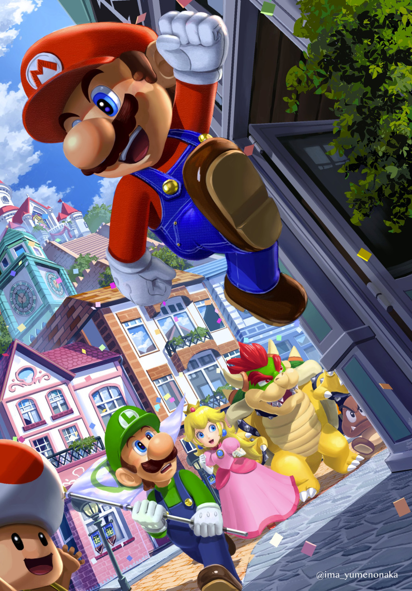 1girl, 3boys, absurdres, armlet, black_eyes, blonde_hair, blue_eyes, blue_overalls, blue_sky, bowser, brown_footwear, brown_hair, building, castle, clock, clock_tower, clouds, commentary, confetti, crown, dress, earrings, english_commentary, facial_hair, fangs, flag, gloves, goomba, green_headwear, green_shirt, hat, highres, holding, holding_flag, horns, jewelry, jumping, long_hair, luigi, mario, multiple_boys, mustache, official_style, open_mouth, out_of_frame, overalls, pink_dress, princess_peach, red_eyes, red_headwear, red_shirt, redhead, shadow, sharp_teeth, shell, shirt, shoes, short_hair, sky, smile, spiked_armlet, sunlight, super_mario_bros., teeth, toad_(mario), tower, town, twitter_username, watermark, white_gloves, yuuma_rimi