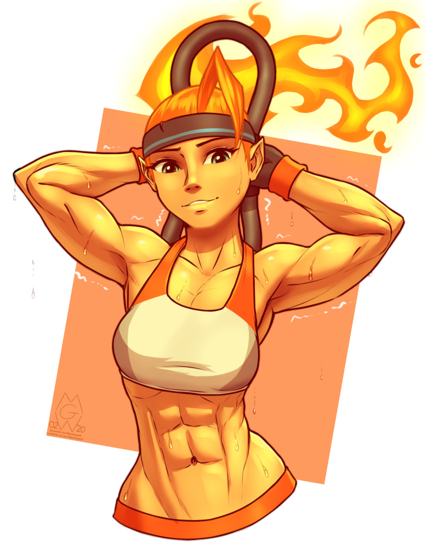 1girl, abs, absurdres, arms_up, dripping, fiery_hair, fire, green_eyes