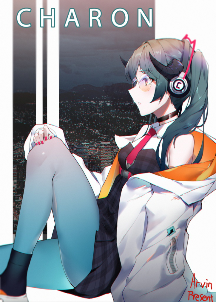 1girl, bare_legs, belt, black_choker, black_dress, choker, closed_mouth, commentary_request, dress, expressionless, from_side, glasses, green_hair, hand_on_own_knee, hand_on_own_leg, headphones, horns, jacket, karon_(vtuber), karon_official, long_hair, long_sleeves, nail_polish, necktie, nijisanji, off_shoulder, open_clothes, open_jacket, pleated_dress, profile, puffy_sleeves, red_belt, red_nails, red_neckwear, rimless_eyewear, round_eyewear, sdustz, solo, twintails, violet_eyes, virtual_youtuber, virtuareal, white_jacket, window