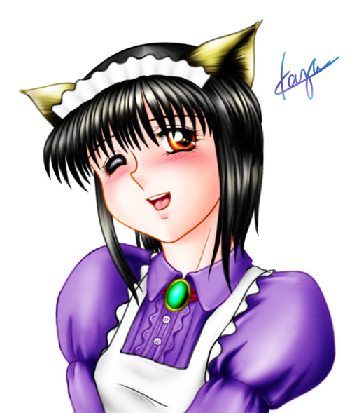 apron, black_hair, blush, maid, maid_headdress, open_mouth, orange_eyes, short_hair