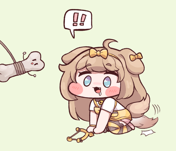 !, !!, 1girl, :3, ahoge, animal_ears, bell, blue_eyes, bone, bulga, butter_(trickcal), chibi, dog_ears, dog_girl, dog_tail, fang, full_body, light_brown_hair, long_hair, neck_bell, open_mouth, saliva, shorts, slingshot, smile, solo, spoken_exclamation_mark, striped, striped_legwear, tail, tail_wagging, thigh-highs, trickcal