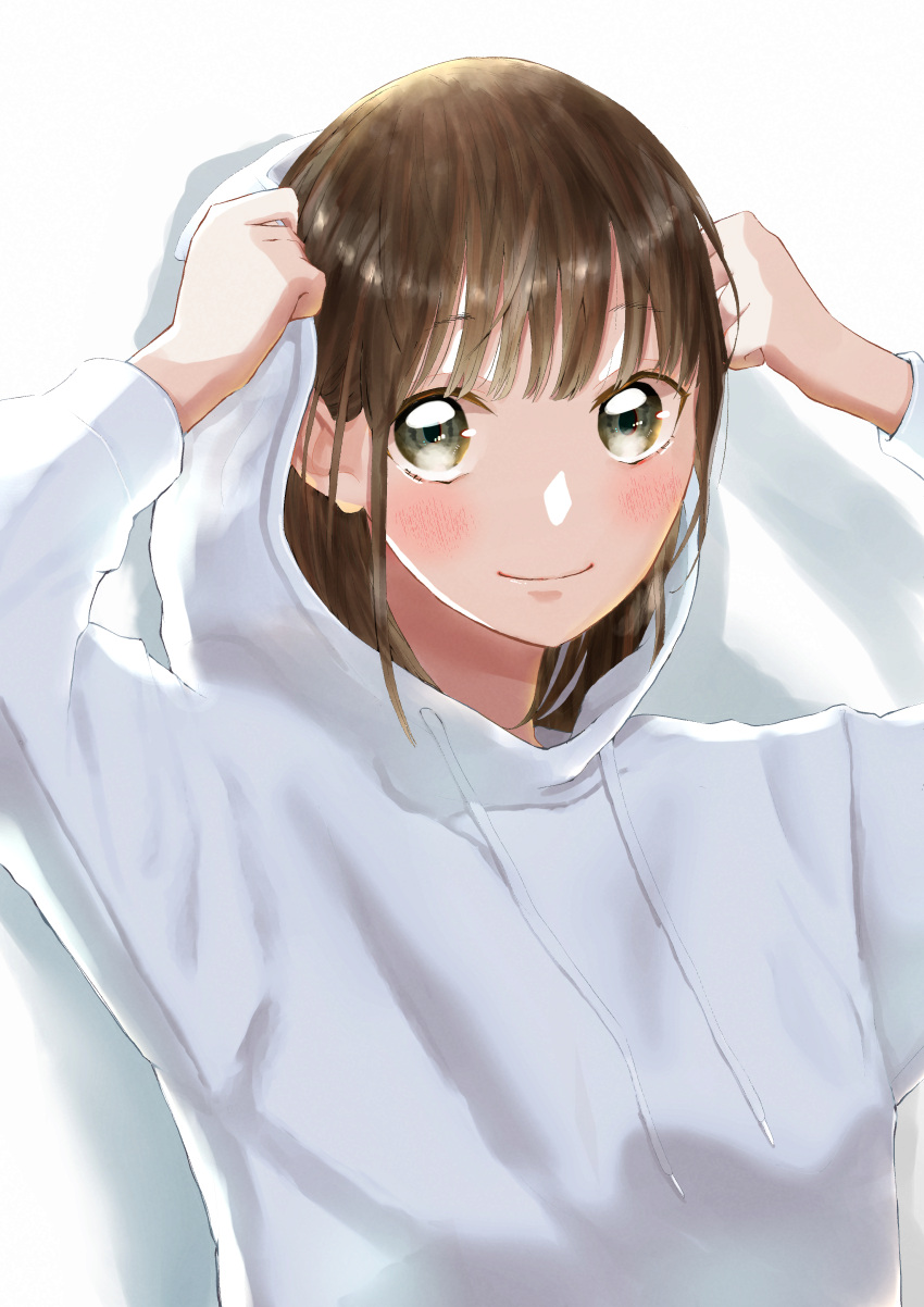 1girl, absurdres, ao_no_hako_(wsj), blush, brown_hair, hands_up, highres, hood, hoodie, kano_chinatsu, long_hair, looking_at_viewer, shinji_kuninaka, simple_background, smile, solo, white_background, white_hoodie