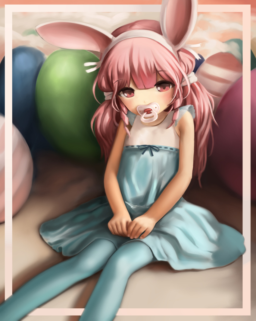 1girl, animal_ears, blue_dress, blue_legwear, blush, child, covered_mouth, crumbles