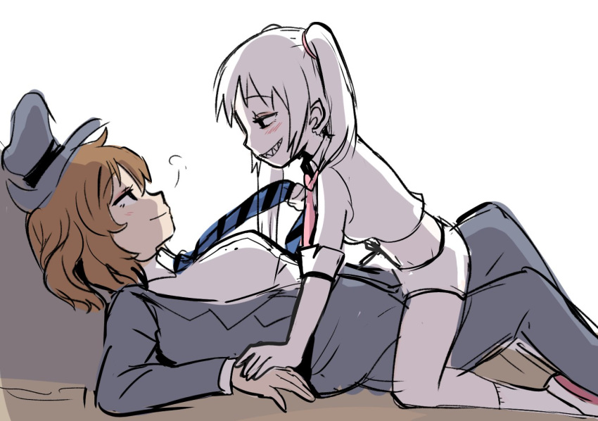 2girls, blush, brown_hair, commentary, english_commentary, eye_contact, formal, from_side, genderswap, genderswap_(mtf), grin, himuhino, humanization, long_hair, long_sleeves, looking_at_another, max_(sam_&amp;_max), medium_hair, midriff, multiple_girls, necktie, necktie_grab, neckwear_grab, sam_(sam_and_max), sam_and_max, sharp_teeth, short_sleeves, smile, suit, teeth, twintails, white_hair, yuri