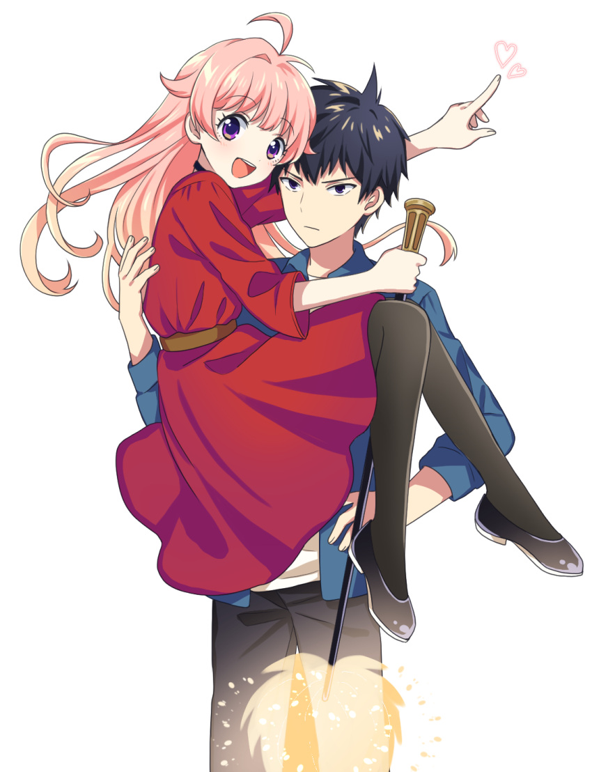 1boy, 1girl, :d, ahoge, black_eyes, black_footwear, black_hair, black_legwear, black_pants, heart, highres, long_hair, long_sleeves, magic, niko_(witch_watch), otogi_morihito, pants, pantyhose, pink_hair, simple_background, smile, soranagi, violet_eyes, wakatsuki_niko, wand, white_background, witch_watch