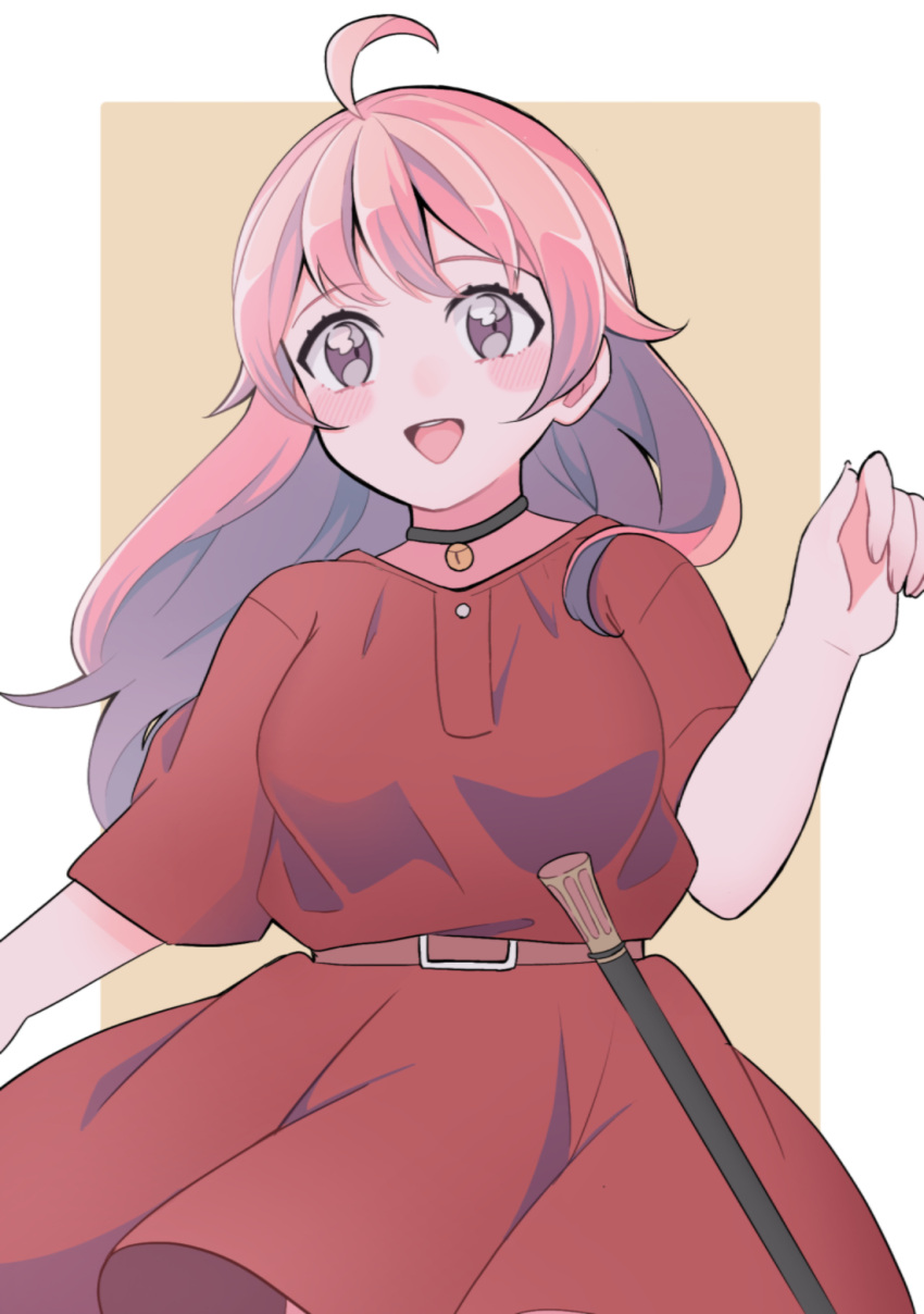 1girl, :d, ahoge, belt, blush, choker, dress, highres