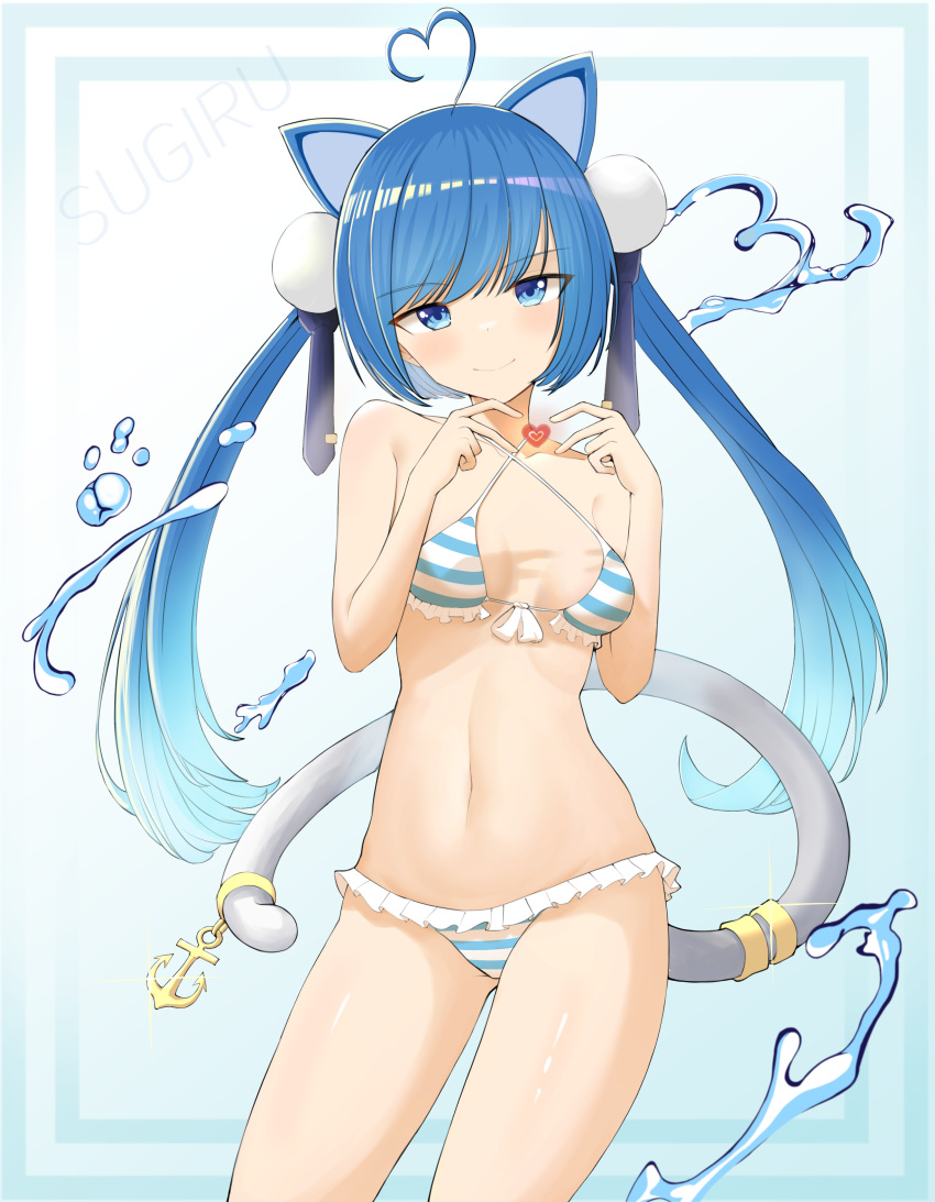 1girl, absurdres, ahoge, bikini, blue_bikini, blue_eyes, blue_hair, breasts, bun_cover, cowboy_shot, criss-cross_halter, double_bun, extra_ears, eyebrows_visible_through_hair, halter_top, halterneck, heart, heart_ahoge, heart_hands, highres, long_hair, looking_at_viewer, navel, original, small_breasts, smile, solo, standing, striped, striped_bikini, sugiru, swimsuit, tail, tail_ornament, tail_ring, twintails, water_drop