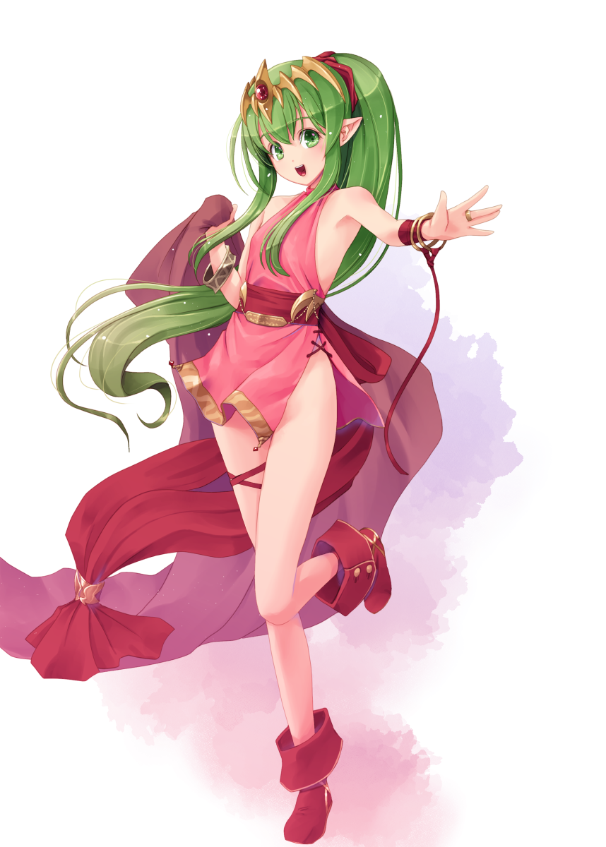 1girl, :d, armpit_peek, bangs, bare_legs, bracelet, dress, fire_emblem