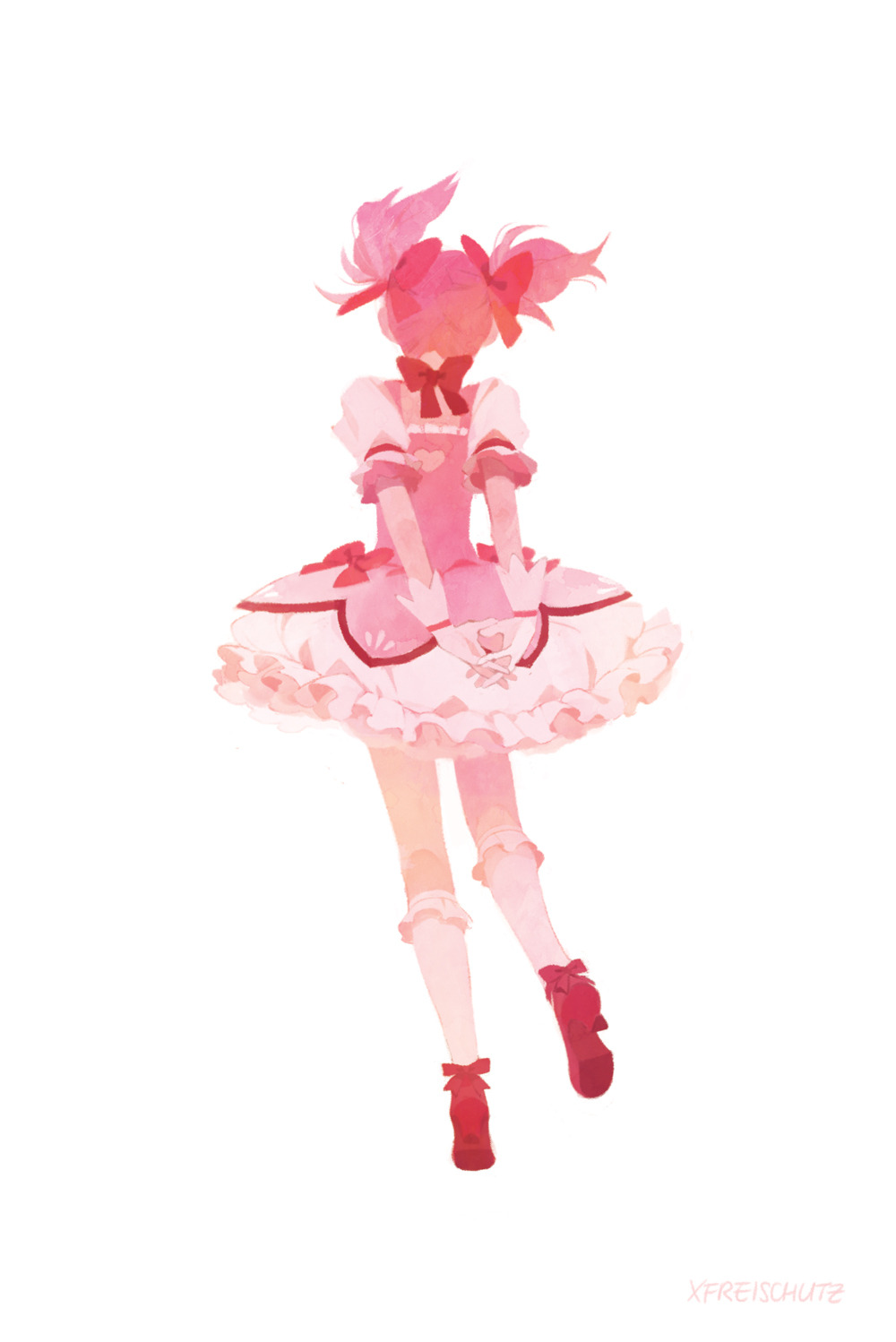 1girl, ankle_ribbon, arms_behind_back, artist_name, back_cutout, bobby_socks, bow, bubble_skirt, choker, clothing_cutout, elbow_blush, facing_away, floating_hair, foot_up, freichou, frilled_skirt, frilled_sleeves, frills, from_behind, full_body, gloves, hair_ribbon, heart_cutout, highres, interlocked_fingers, kaname_madoka, layered_skirt, legs_apart, mahou_shoujo_madoka_magica, own_hands_together, pastel_colors, pink_hair, puffy_sleeves, red_bow, red_footwear, red_ribbon, ribbon, ribbon_choker, shoes, short_twintails, simple_background, skirt, socks, solo, twintails, waist_bow, white_background, white_gloves, white_legwear, white_skirt