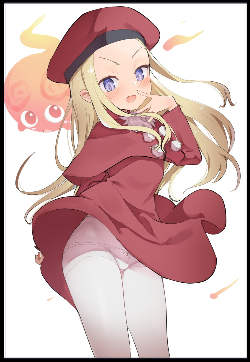 1girl, belfraw_martini, beret, blonde_hair, blue_eyes, blush, bow, bow_panties, caburi, clothes_lift, dress, dress_lift, embarrassed, hat, highres, long_hair, looking_at_viewer, open_mouth, panties, pantyhose, pantyshot, pom_pom_(clothes), red_dress, red_headwear, simple_background, smile, summon_night, summon_night_3, sweatdrop, underwear, white_background, white_legwear, wind, wind_lift