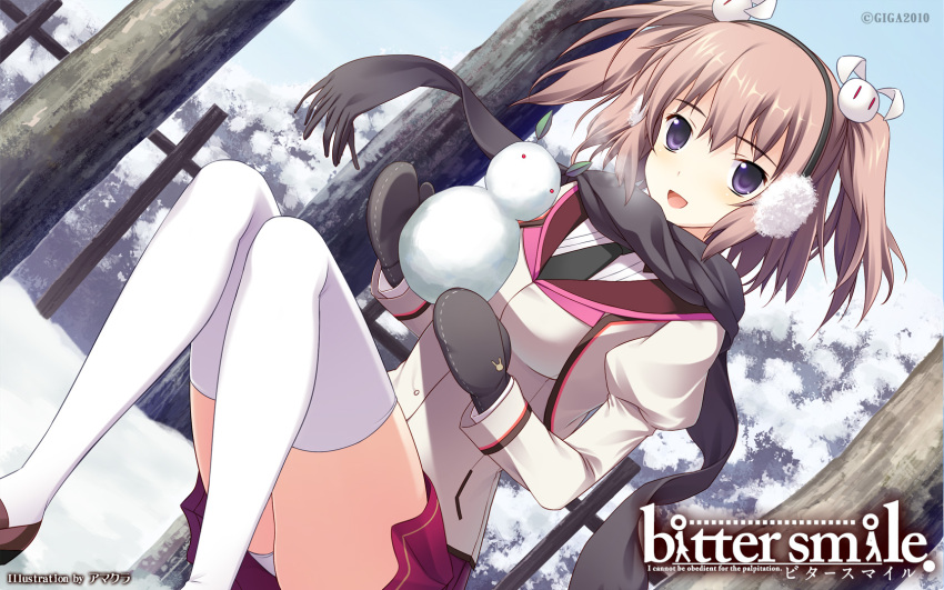 bitter_smile, earmuffs, engrish, gloves, highres, panties, pantyshot, pantyshot_sitting