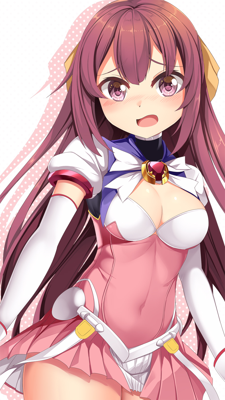 1girl, beat_angel_escalayer, breasts, cosplay, covered_navel, dress, elbow_gloves, escalayer