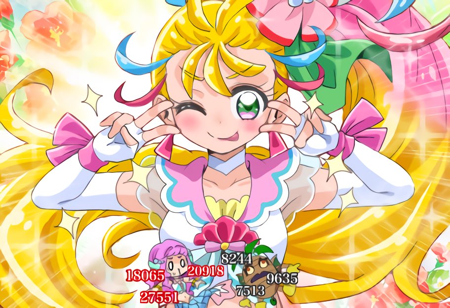2girls, blonde_hair, cure_summer, damage_numbers, double_v, emotional_engine_-_full_drive, fairouz_ai, green_eyes