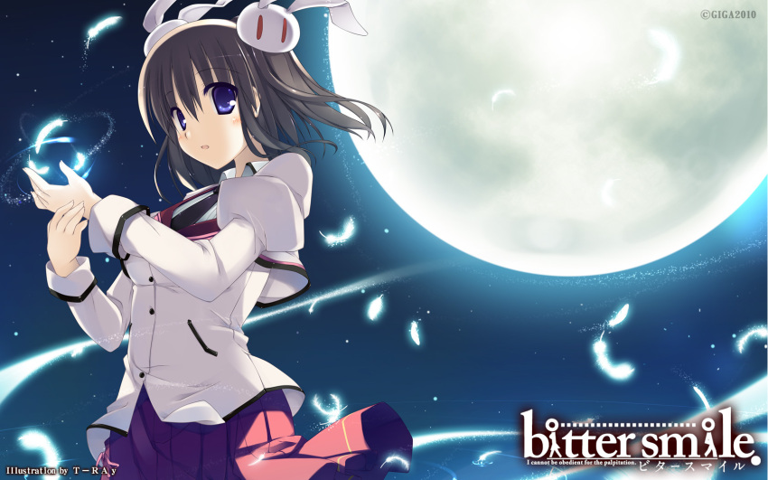 blue_eyes, brown_hair, feathers, highres, moon, school_uniform, short_hair, skirt