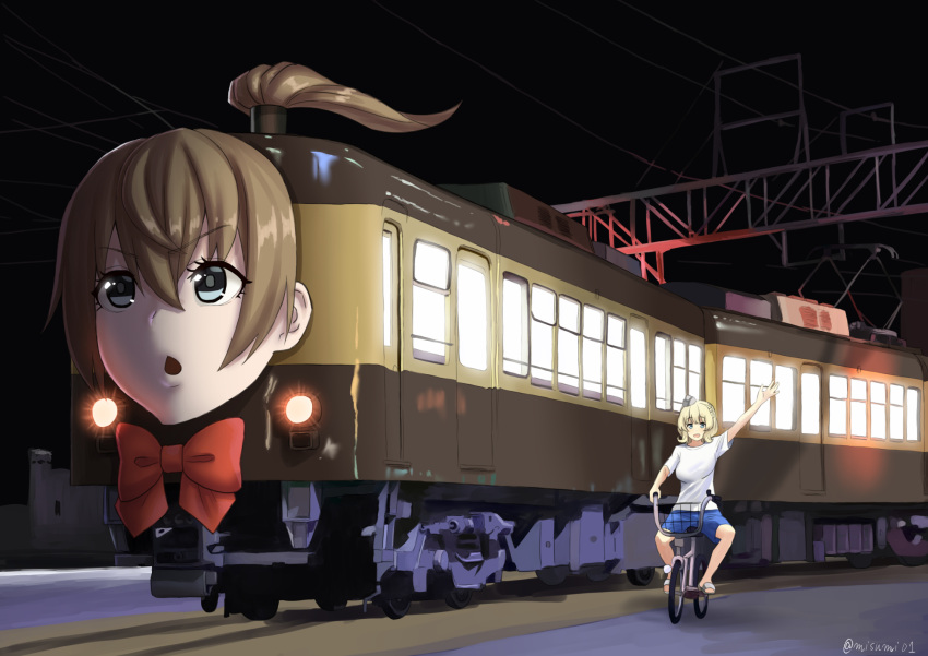 2girls, :o, alternate_costume, bangs, bicycle, blonde_hair, blue_eyes, blue_shorts, bow, bowtie, breasts, brown_hair, censored, colorado_(kancolle), enoden_bicycle_bro_(meme), enoshima_electric_railway, garrison_cap, grey_headwear, ground_vehicle, hair_between_eyes, hat, highres, kantai_collection, kumano_(kancolle), large_breasts, long_hair, meme, misumi_(niku-kyu), multiple_girls, night, open_mouth, outdoors, ponytail, red_neckwear, riding_bicycle, shirt, short_hair, short_sleeves, shorts, train, twitter_username, white_shirt
