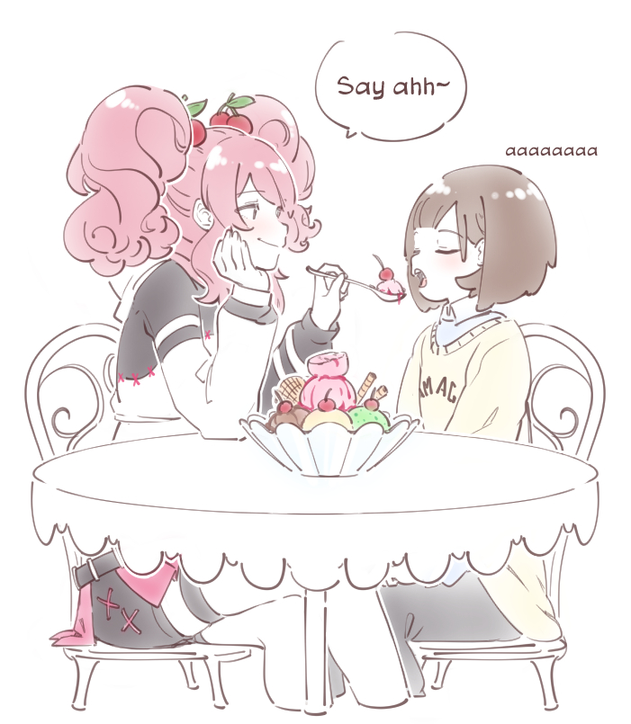 2girls, bangs, black_sweater, blush, cherry_hair_ornament, collared_shirt, crossed_legs, english_commentary, feeding, food, food-themed_hair_ornament, hair_ornament, holding, holding_spoon, ice_cream, indie_virtual_youtuber, multiple_girls, original, pink_hair, serotina, shirt, short_hair, sitting, smile, speech_bubble, spoon, sweater, table, tama_gotoh, twintails, two-tone_sweater, white_sweater, yellow_sweater, yoruny