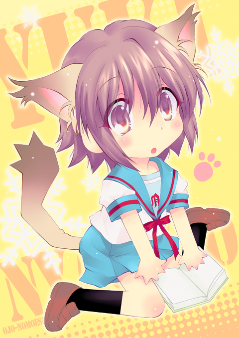 aya_ojo, book, brown_eyes, brown_hair, cat_ears, cat_tail, chibi, hoshino_madoka