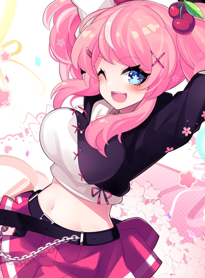 1girl, aho, belt, black_belt, blue_eyes, blush, breasts, chain, cherry_hair_ornament, eyebrows_visible_through_hair, food-themed_hair_ornament, hair_ornament, highres, indie_virtual_youtuber, looking_at_viewer, medium_breasts, navel, one_eye_closed, open_mouth, pink_hair, pink_skirt, serotina, skirt, smile, solo, star_(symbol), twintails, virtual_youtuber