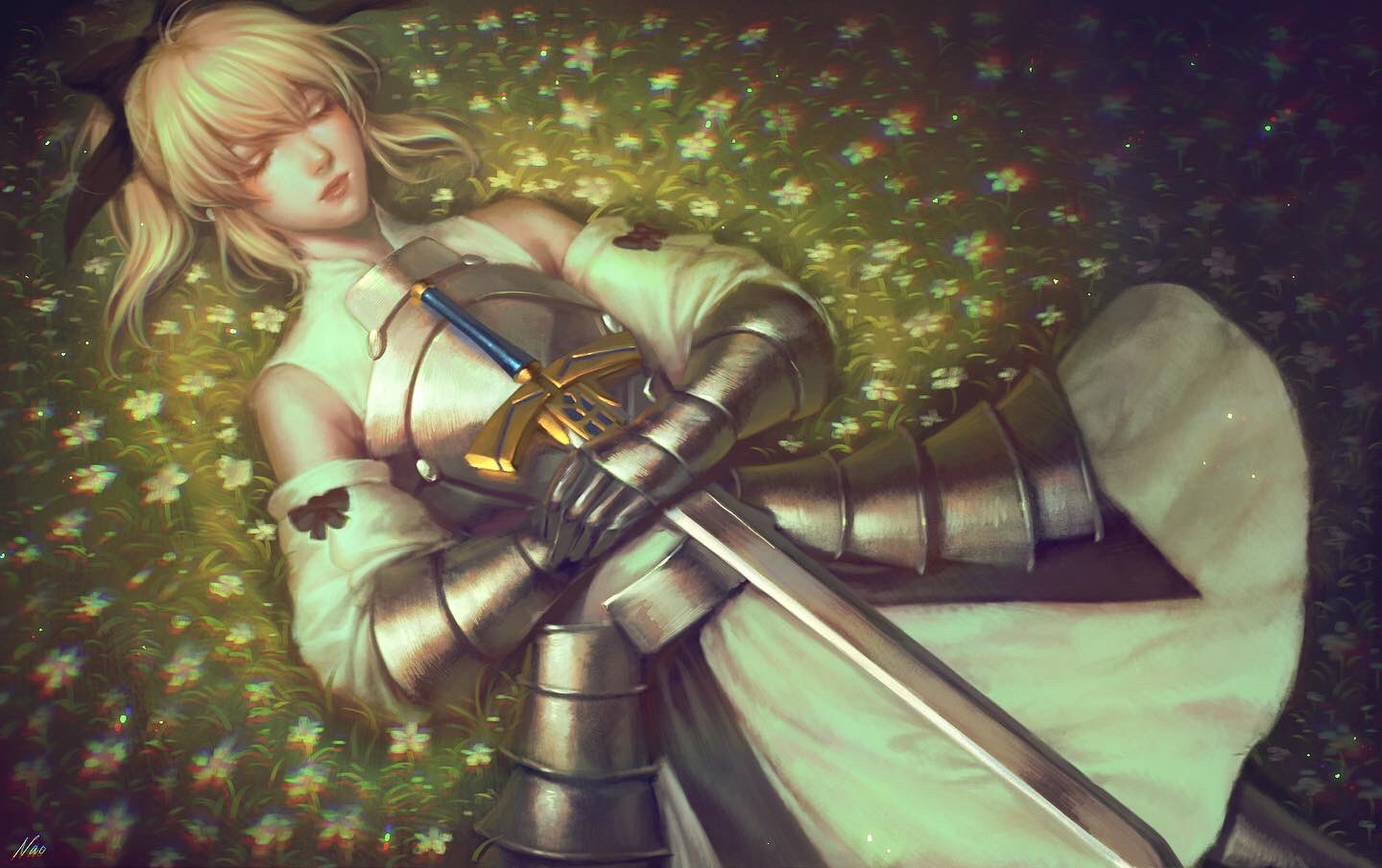 1girl, armor, armored_dress, artoria_pendragon_(fate), black_bow, bow, caliburn_(fate), chromatic_aberration, closed_eyes, detached_sleeves, fate/unlimited_codes, fate_(series), flower, gauntlets, grass, hair_bow, lying, naomicococo, on_back, saber_lily, sleeping, solo, sword, weapon