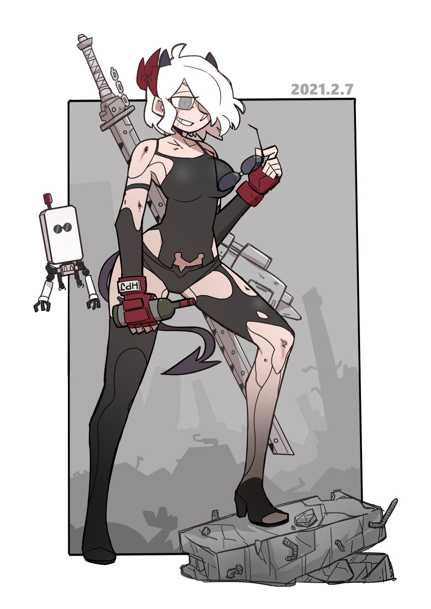 1girl, absurdres, apocalypse, asymmetrical_legwear, black_horns, boots, bottle, breasts