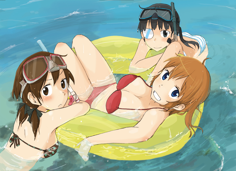 3girls, afloat, bikini, black_hair, blue_eyes, blush, boss_(artist), breasts