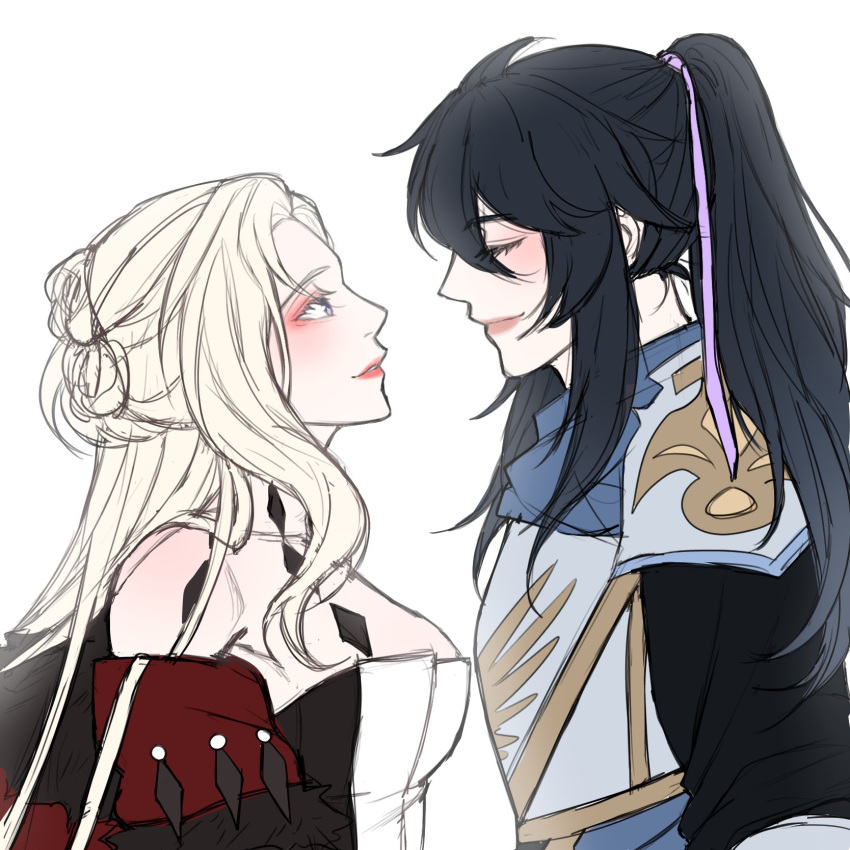 1boy, 1girl, armor, bare_shoulders, black_hair, blonde_hair, blue_eyes, breasts