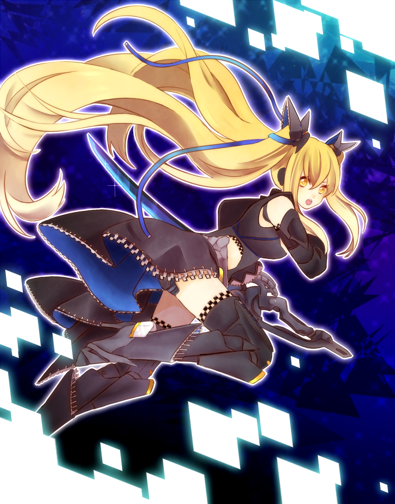 1girl, bare_shoulders, blonde_hair, breasts, hannaduki, long_hair, medium_breasts, nightmare_series