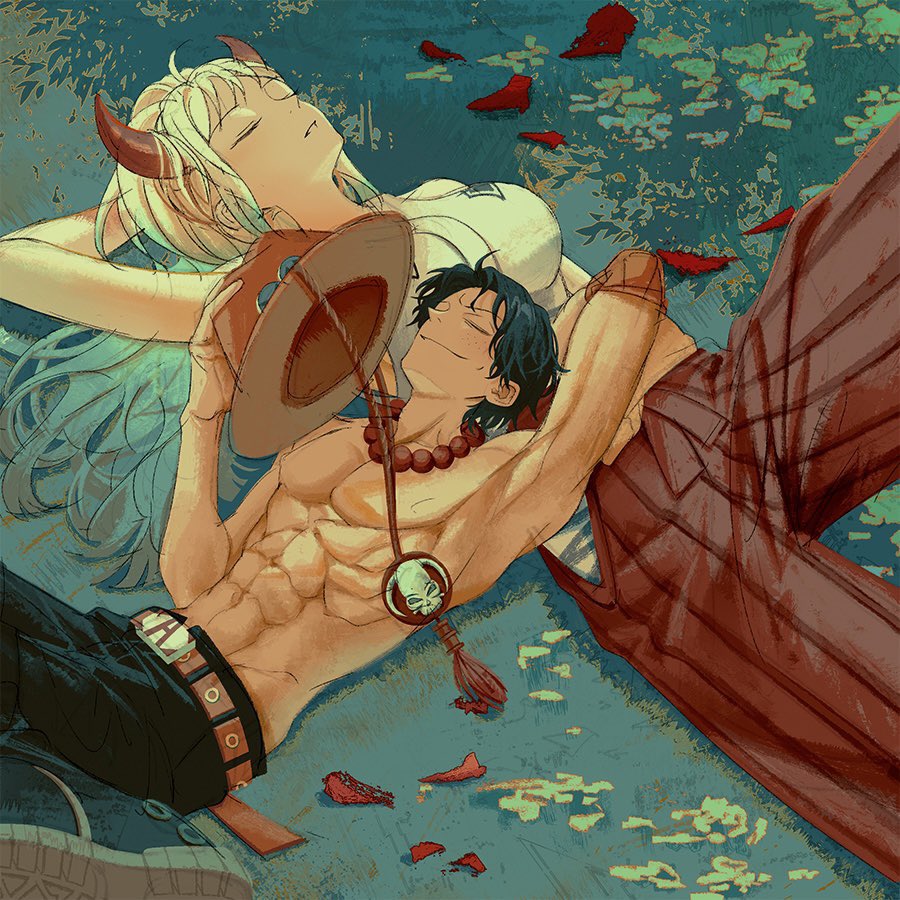 1boy, 1girl, abs, arm_behind_head, arm_up, armpits, belt, black_hair, closed_eyes, closed_mouth, curled_horns, freckles, friends, grass, green_hair, hakama, hakama_pants, hand_up, hat, head_on_another's_stomach, headwear_removed, holding, holding_clothes, holding_hat, horns, japanese_clothes, kimono, lfgvhy4t93aqvxm, long_hair, lying, multicolored_hair, muscular, muscular_male, on_back, on_grass, on_ground, one_piece, outstretched_arms, pants, parted_lips, pectorals, portgas_d._ace, red_horns, shoes, short_hair, shorts, sleeveless, sleeveless_kimono, smile, stomach, topless_male, white_hair, yamato_(one_piece)