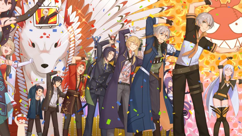 4girls, 6+boys, bandages, bangs, benghuai_xueyuan, black_gloves, black_hair, black_jacket, blonde_hair, blue_neckwear, brown_gloves, brown_hair, captain_(honkai_impact), carnival_phantasm, cecilia_schariac, character_request, closed_eyes, closed_mouth, da_wei, elbow_gloves, formal, fox, gloves, grin, hair_between_eyes, hair_ornament, highres, higokumaru, honkai_(series), honkai_impact_3rd, jacket, kallen_kaslana, kevin_kaslana, long_hair, long_sleeves, multiple_boys, multiple_girls, necktie, open_clothes, open_jacket, open_mouth, otto_apocalypse, outstretched_arms, parody, purple_hair, red_neckwear, redhead, short_hair, siegfried_kaslana, sirin, smile, super_affection, teeth, television, white_hair, yume_sai