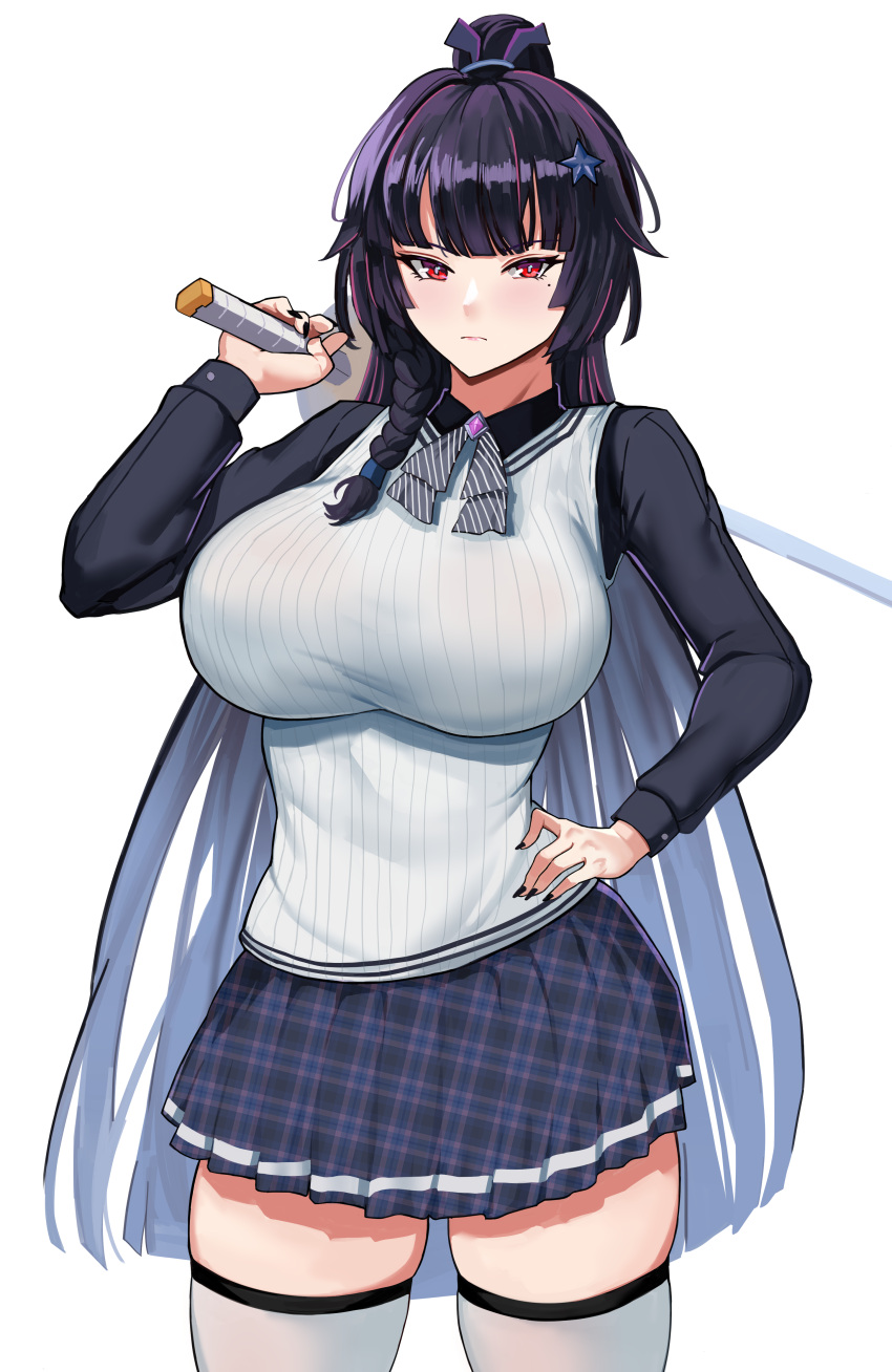 1girl, absurdres, bangs, black_nails, black_neckwear, blunt_bangs, braid, breasts